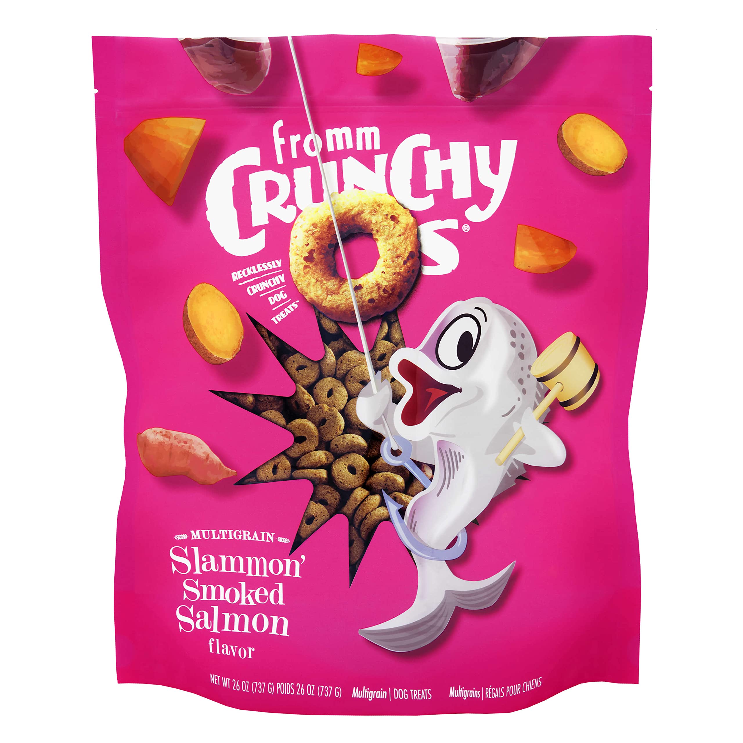 Fromm Crunchy Os Slammon' smoked salmon dog treats bag closeup highlights savory aroma for rewarding train sessions.
