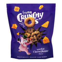 Fromm Crunchy Os Smokin' CheesePlosions bag closeup showing crunchy pork treats for training rewards