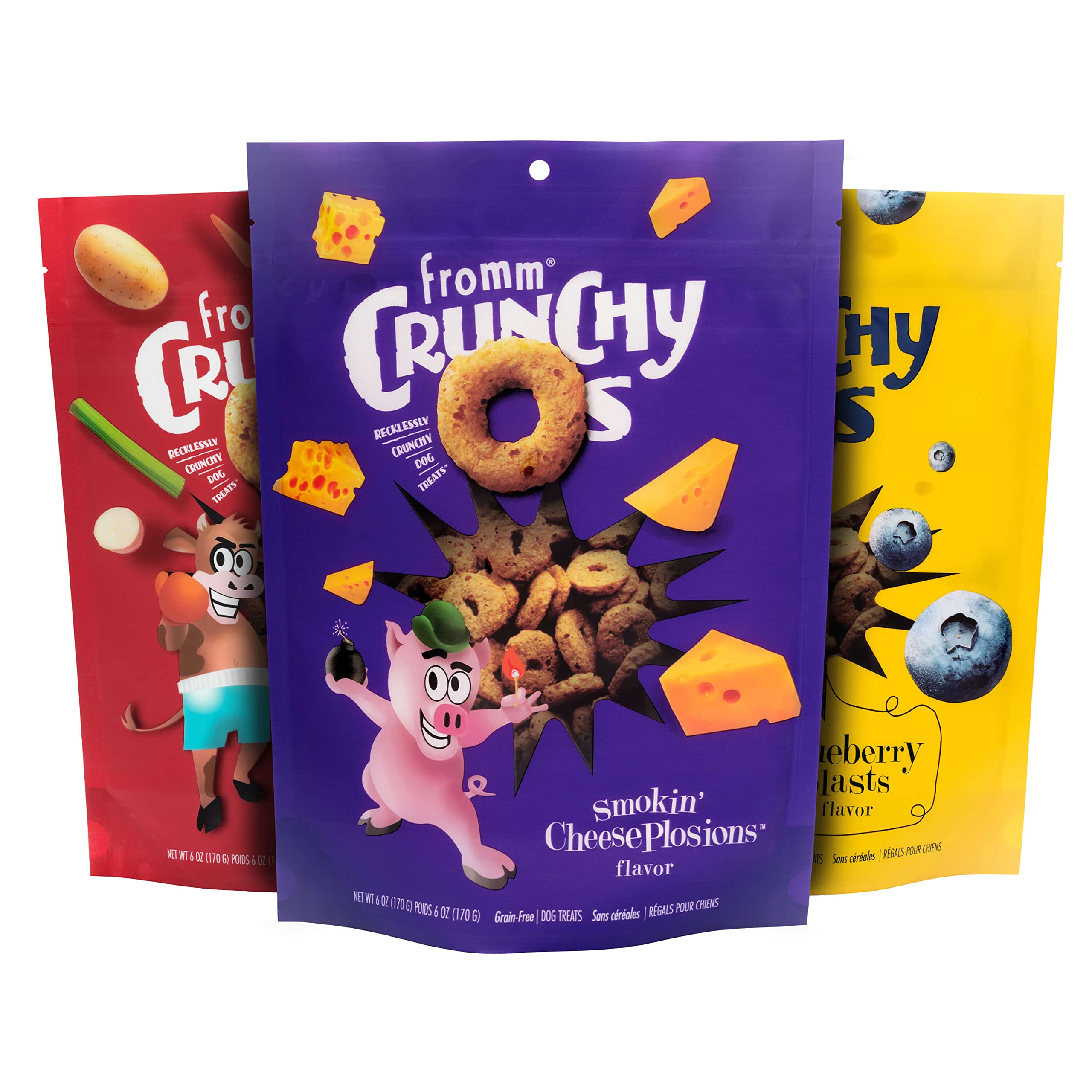 Fromm Crunchy Os variety-pack front view 6oz bags for convenient snack time
