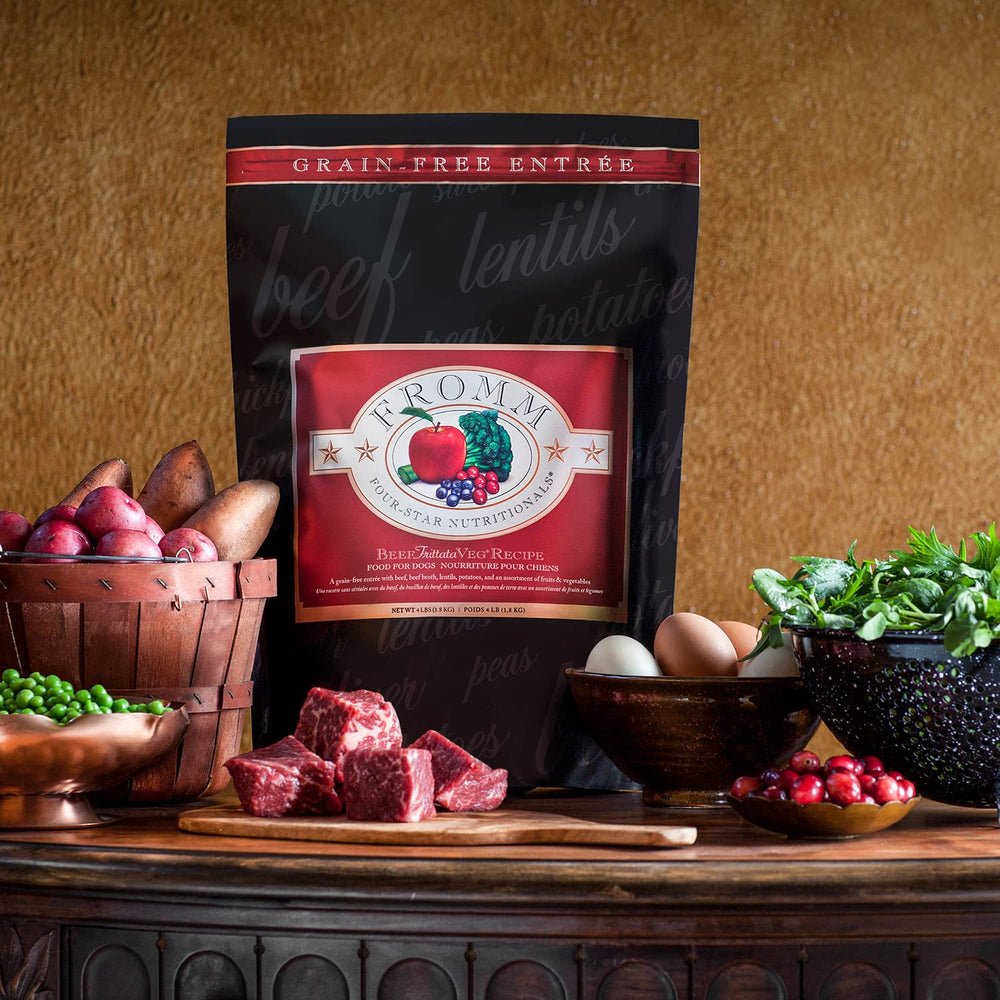 Fromm Four-Star Beef Frittata fruits-vegetables-closeup signals natural nutrients.