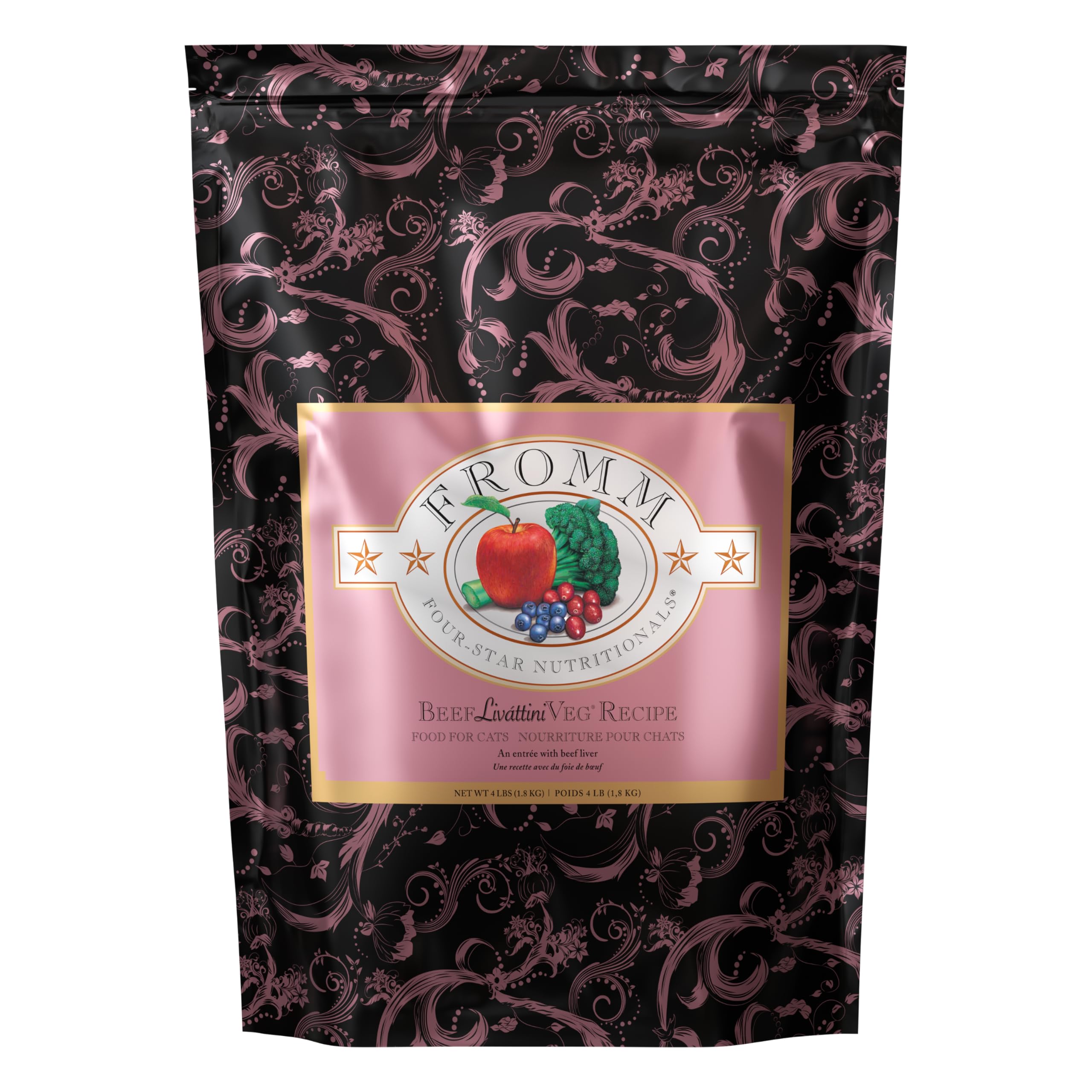 Fromm Four-Star Beef Livattini Veg cat food bag closeup highlights premium dry formula for all-life-stages.