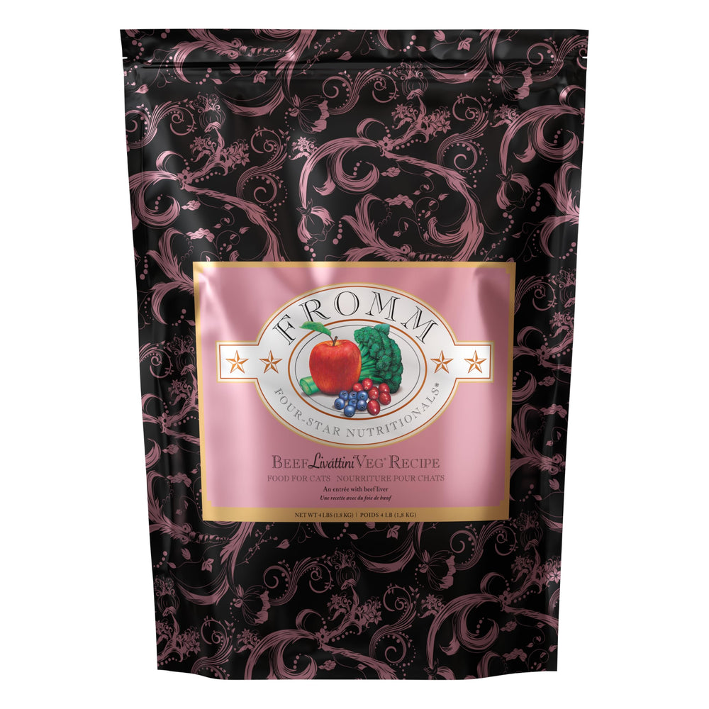 Fromm Four-Star Beef Livattini Veg cat food bag closeup highlights premium dry formula for all-life-stages.