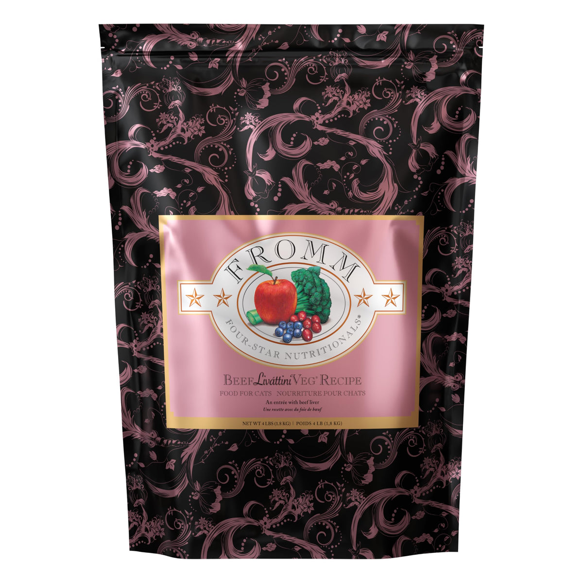 Fromm Four-Star Beef Livattini Veg cat food bag closeup highlights premium dry formula for all-life-stages.