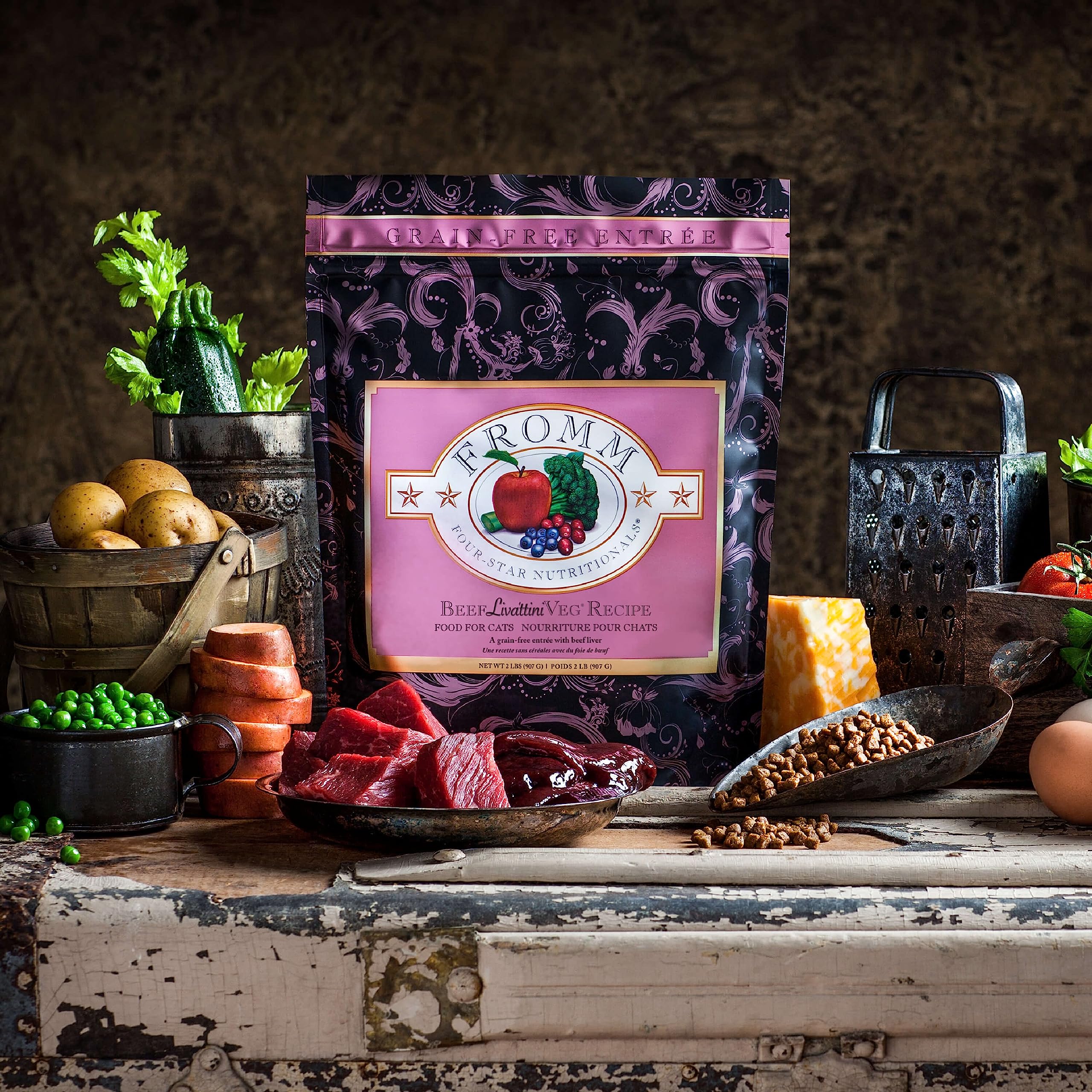 Fromm Four-Star Beef Livattini Veg kibble closeup emphasizing digestibility hints.