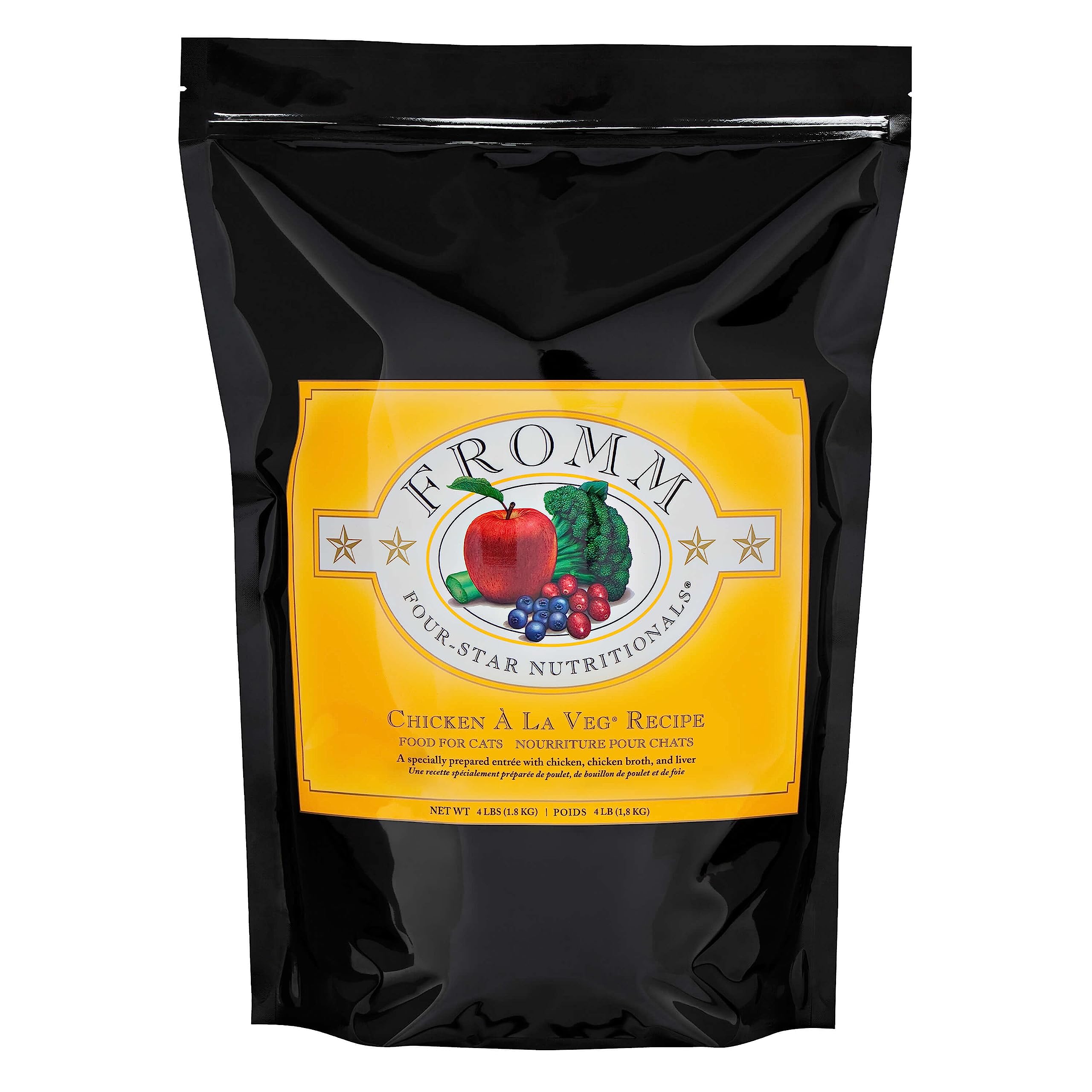 Fromm Four-Star Chicken A La Veg bag—premium dry cat food for all life stages, supports balanced nutrition.