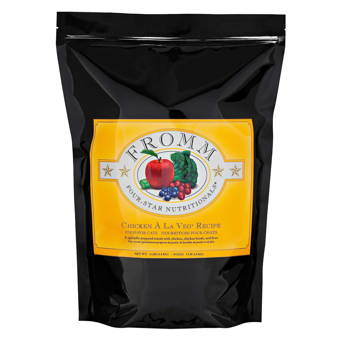 Fromm Four-Star Chicken A La Veg bag—premium dry cat food for all life stages, supports balanced nutrition.