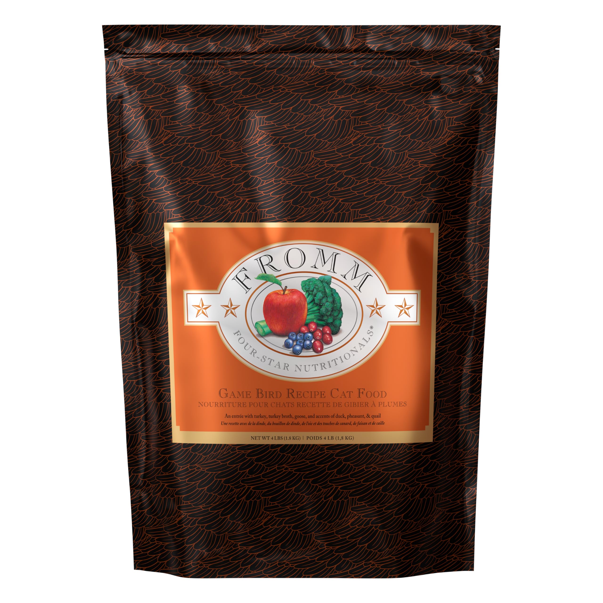Fromm Four-Star grain-free game bird dry cat food bag front, highlighting a grain-free option for cats.