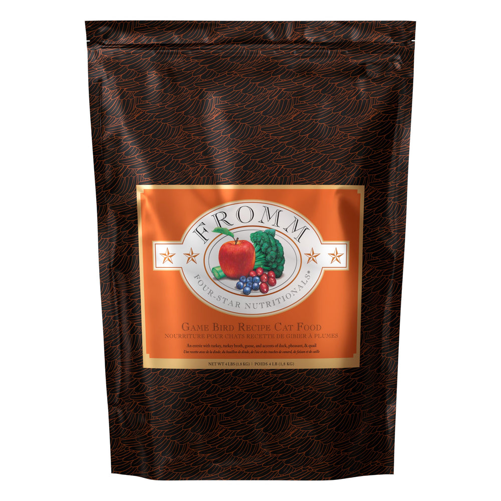 Fromm Four-Star grain-free game bird dry cat food bag front, highlighting a grain-free option for cats.