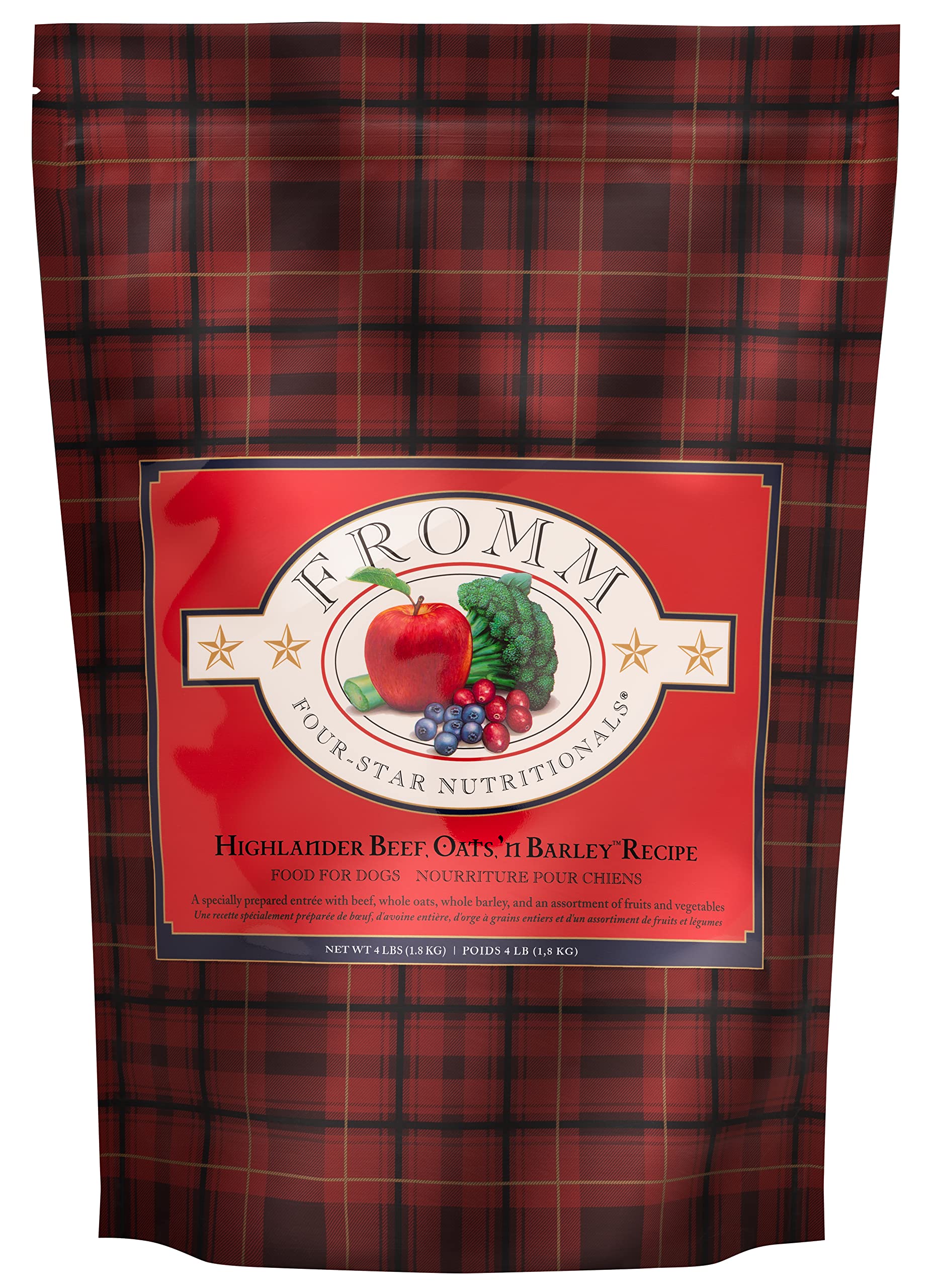 Fromm Four-Star Highlander beef oats and barley dog food bag highlights protein for all life stages.