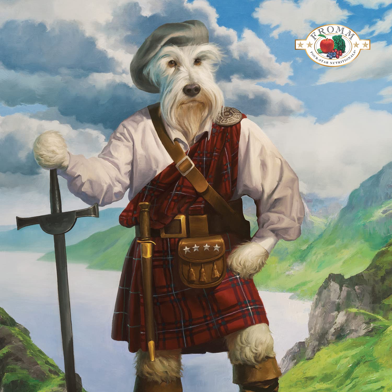 Fromm Four-Star Highlander serving bowl shows versatile kibble for all breeds with energy and digestion support.