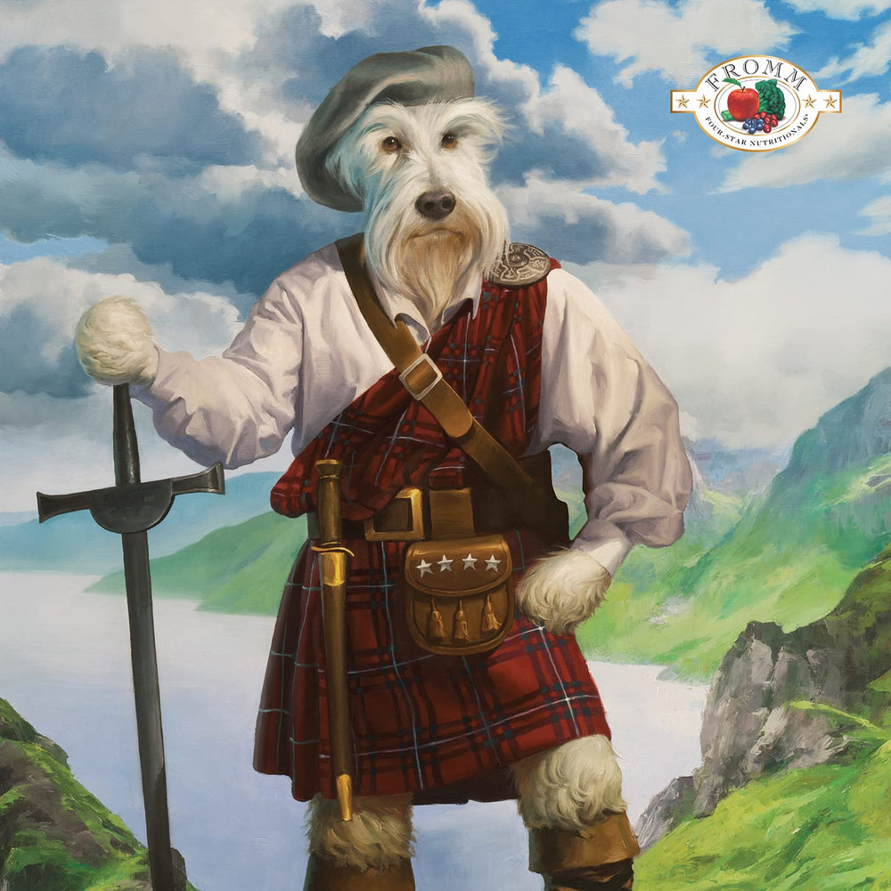 Fromm Four-Star Highlander serving bowl shows versatile kibble for all breeds with energy and digestion support.