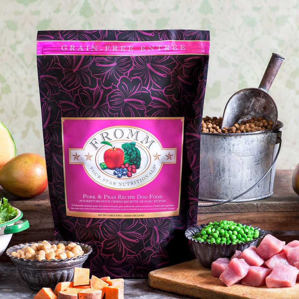Puppy and adult dogs share Fromm Four-Star meals showing interchangeable variety.