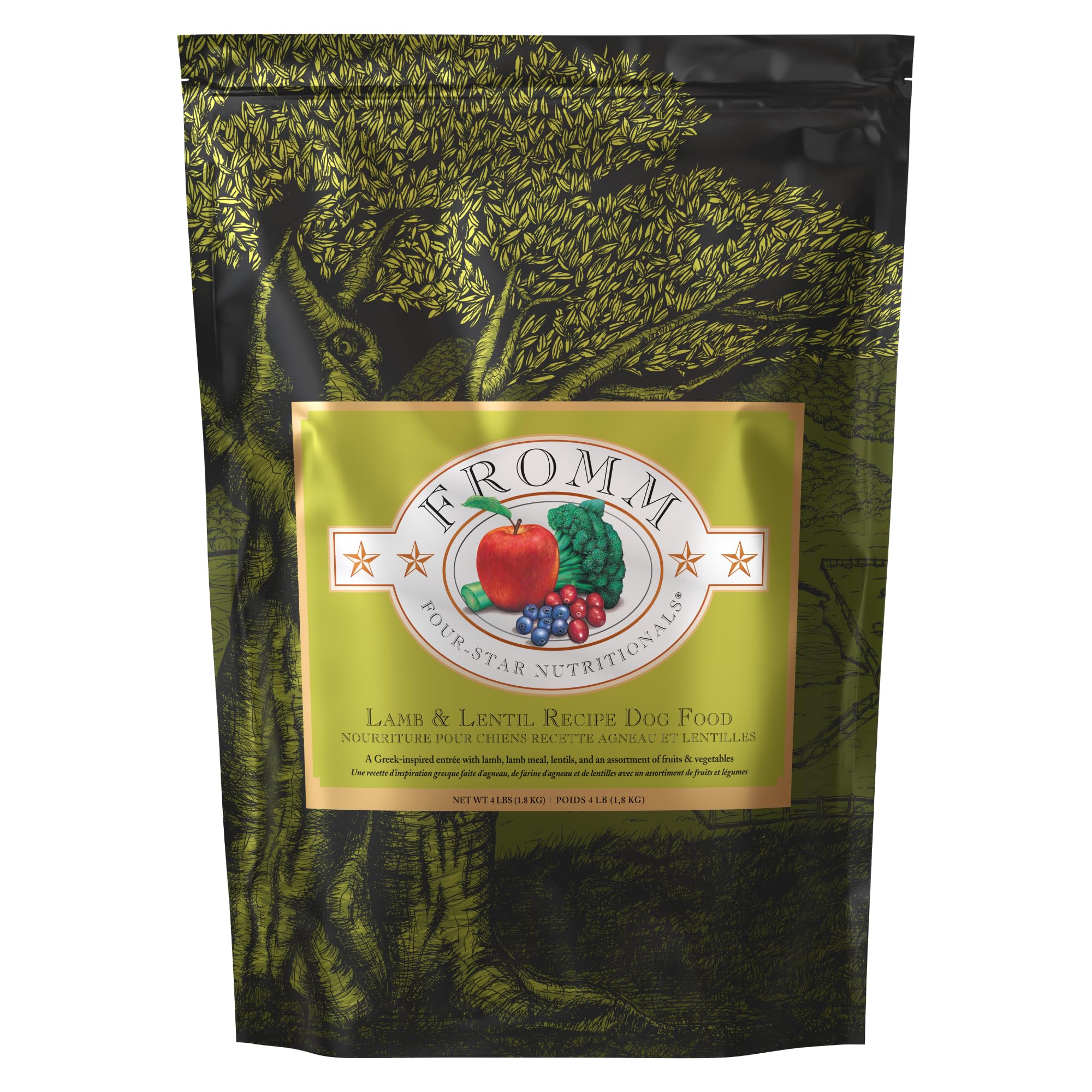 Fromm Four-Star Lamb & Lentil dog food bag shows premium nutrition for all life stages.