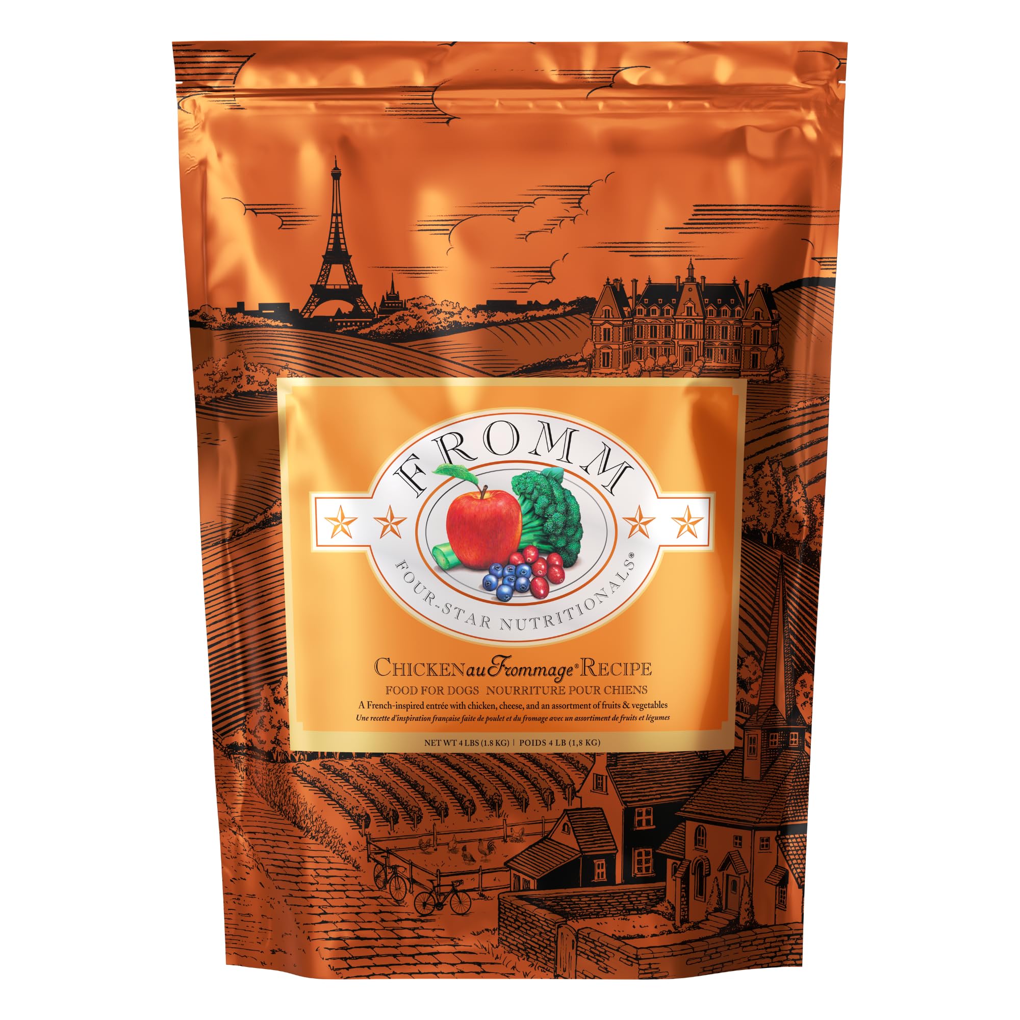 Fromm Four-Star Nutritionals Chicken au Frommage bag front signals premium dry dog food quality.