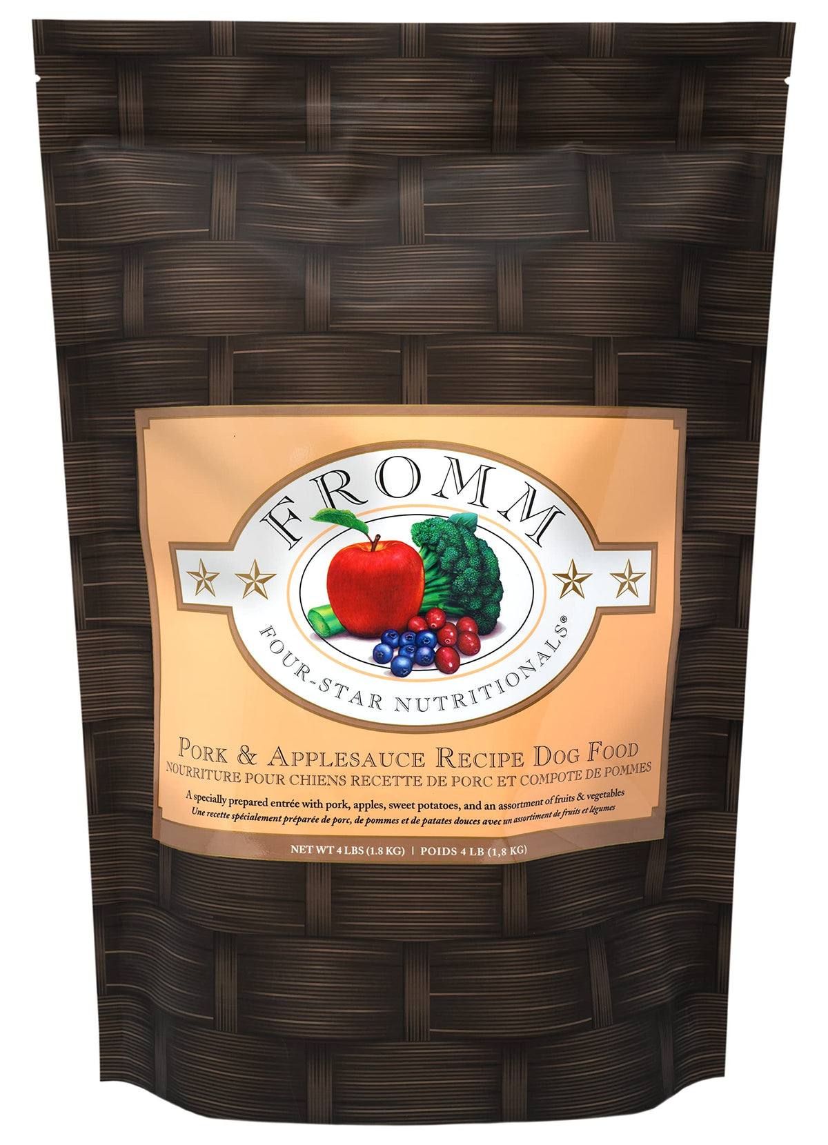 Fromm Four-Star Pork & Applesauce dry dog food bag showcasing premium pork for balanced meals