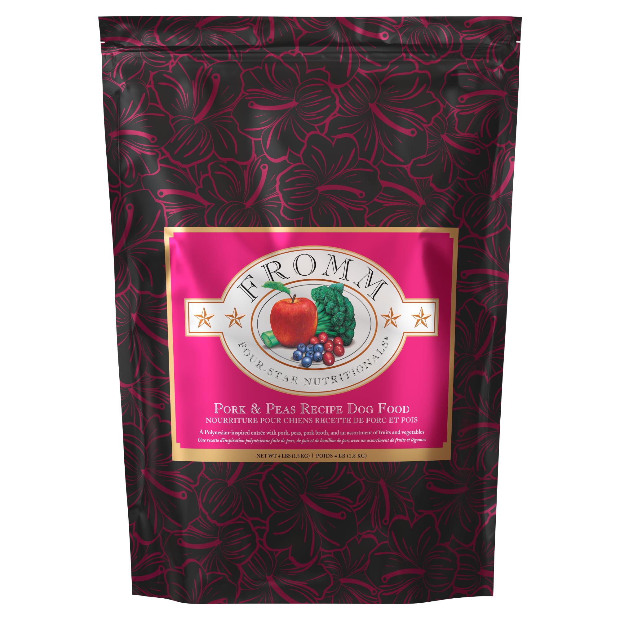 Fromm Four-Star Pork & Peas bag closeup highlights premium ingredients for balanced nutrition.