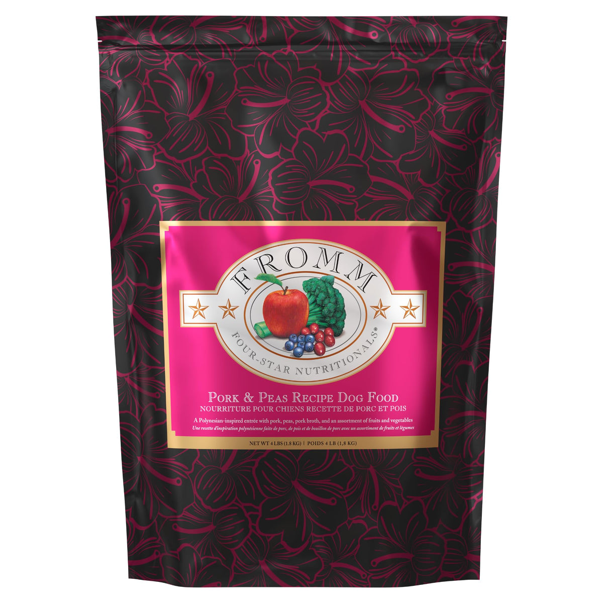 Fromm Four-Star Pork & Peas bag closeup highlights premium ingredients for balanced nutrition.