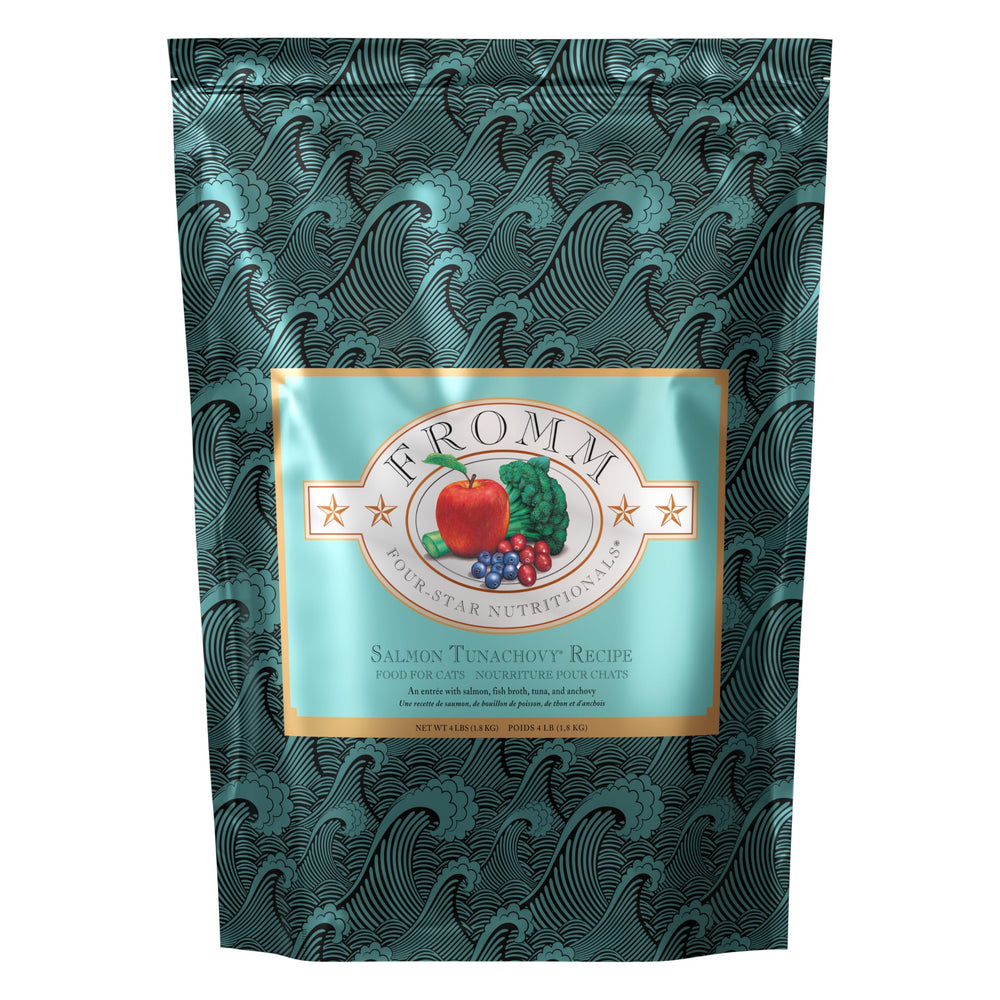 Fromm Four-Star Salmon Tunachovy kibble bag front showing premium flavor for all life stages.