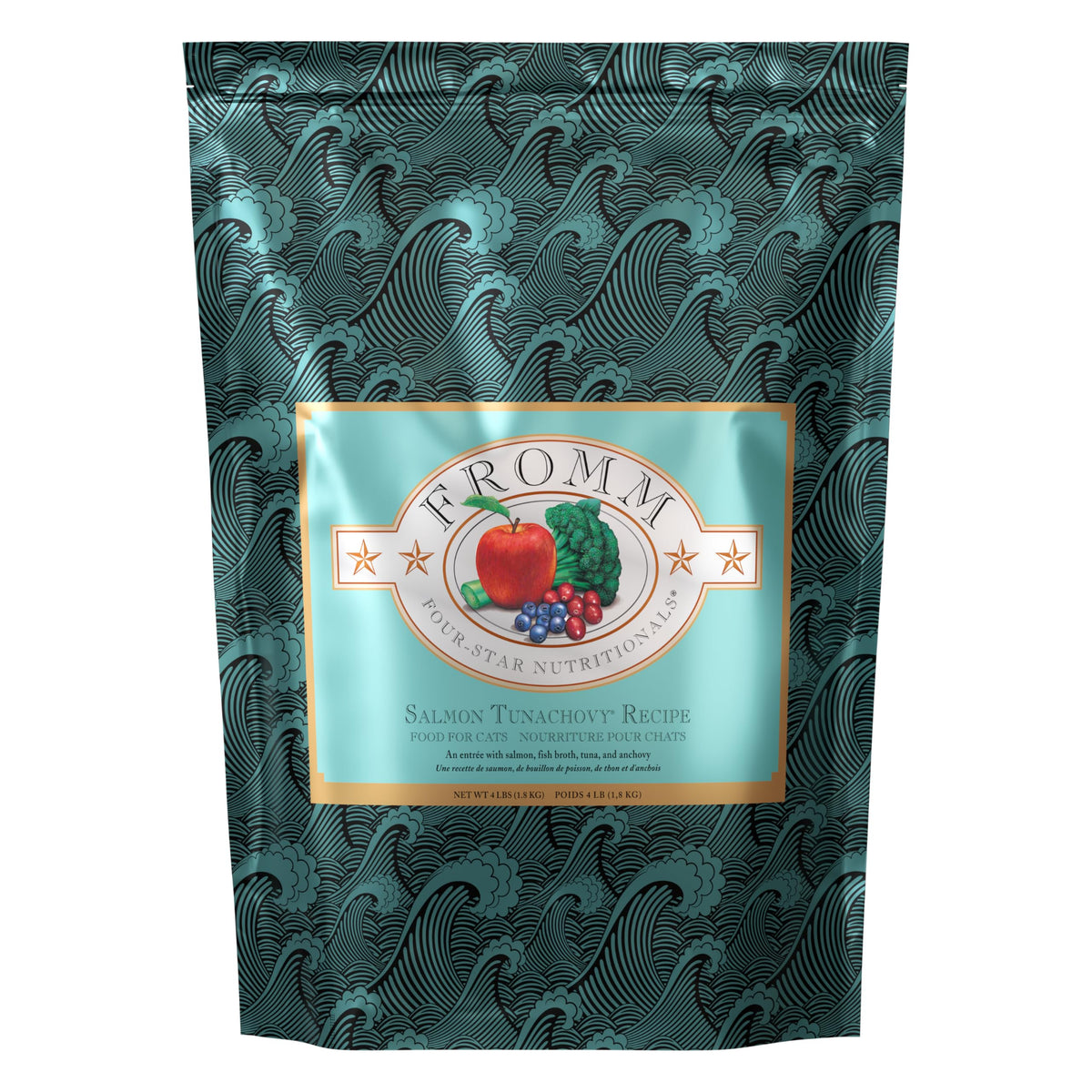 Fromm Four-Star Salmon Tunachovy kibble bag front showing premium flavor for all life stages.