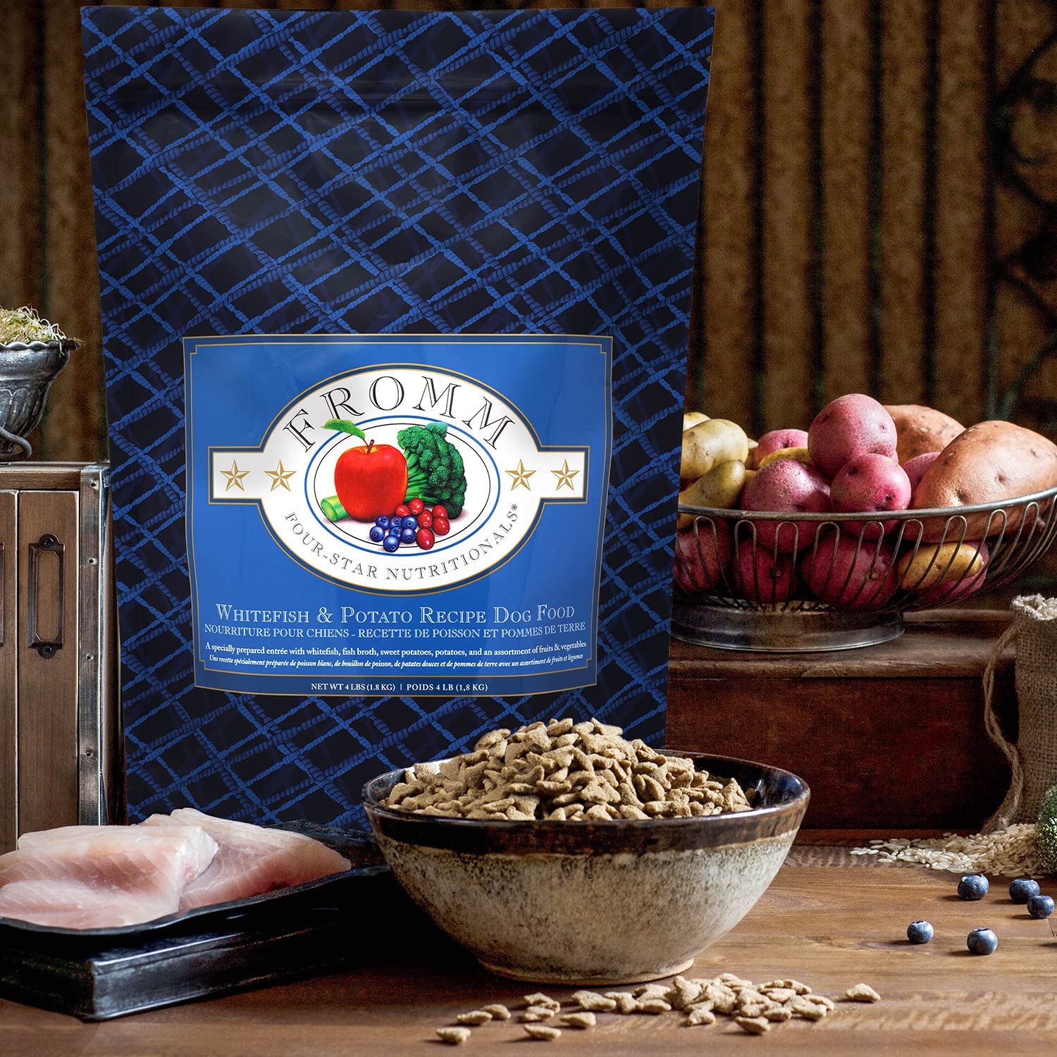 Fromm Four-Star Whitefish nutrition profile graphic indicating all life stages.