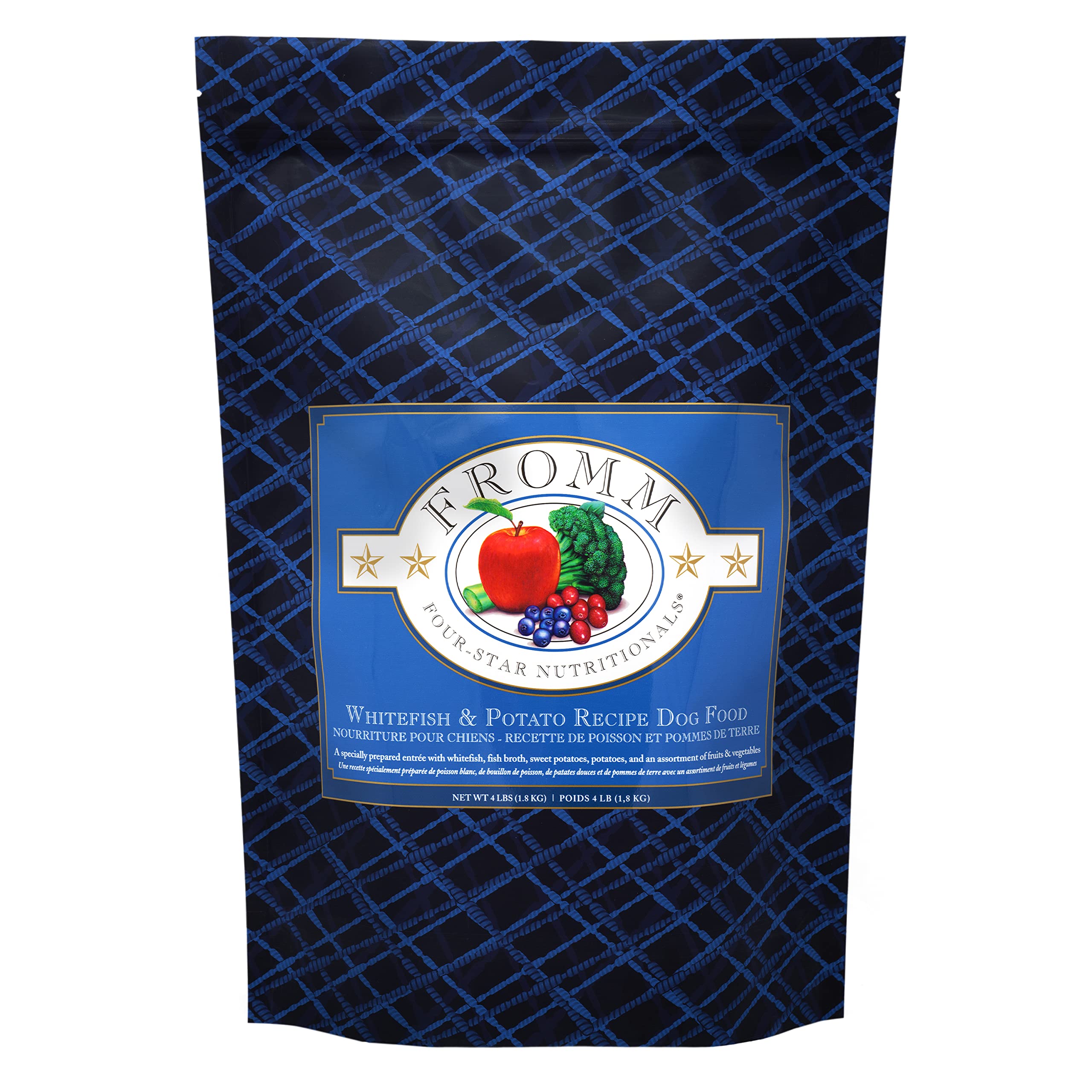 Fromm Four-Star Whitefish and Potato dog food bag front with premium dry kibble for all life stages.