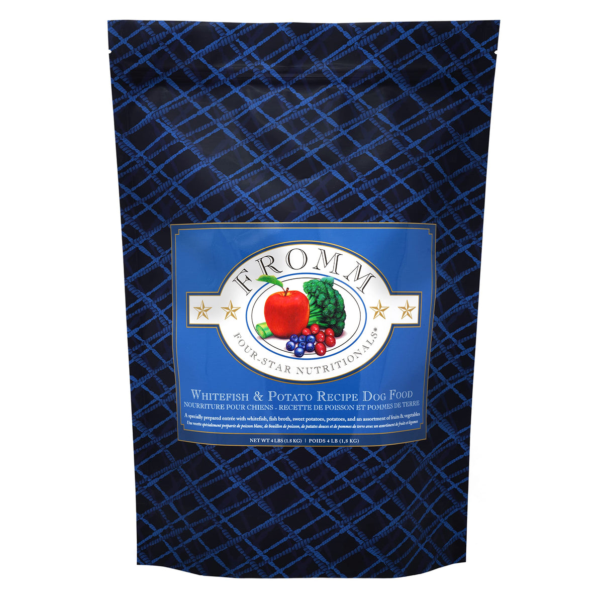 Fromm Four-Star Whitefish and Potato dog food bag front with premium dry kibble for all life stages.