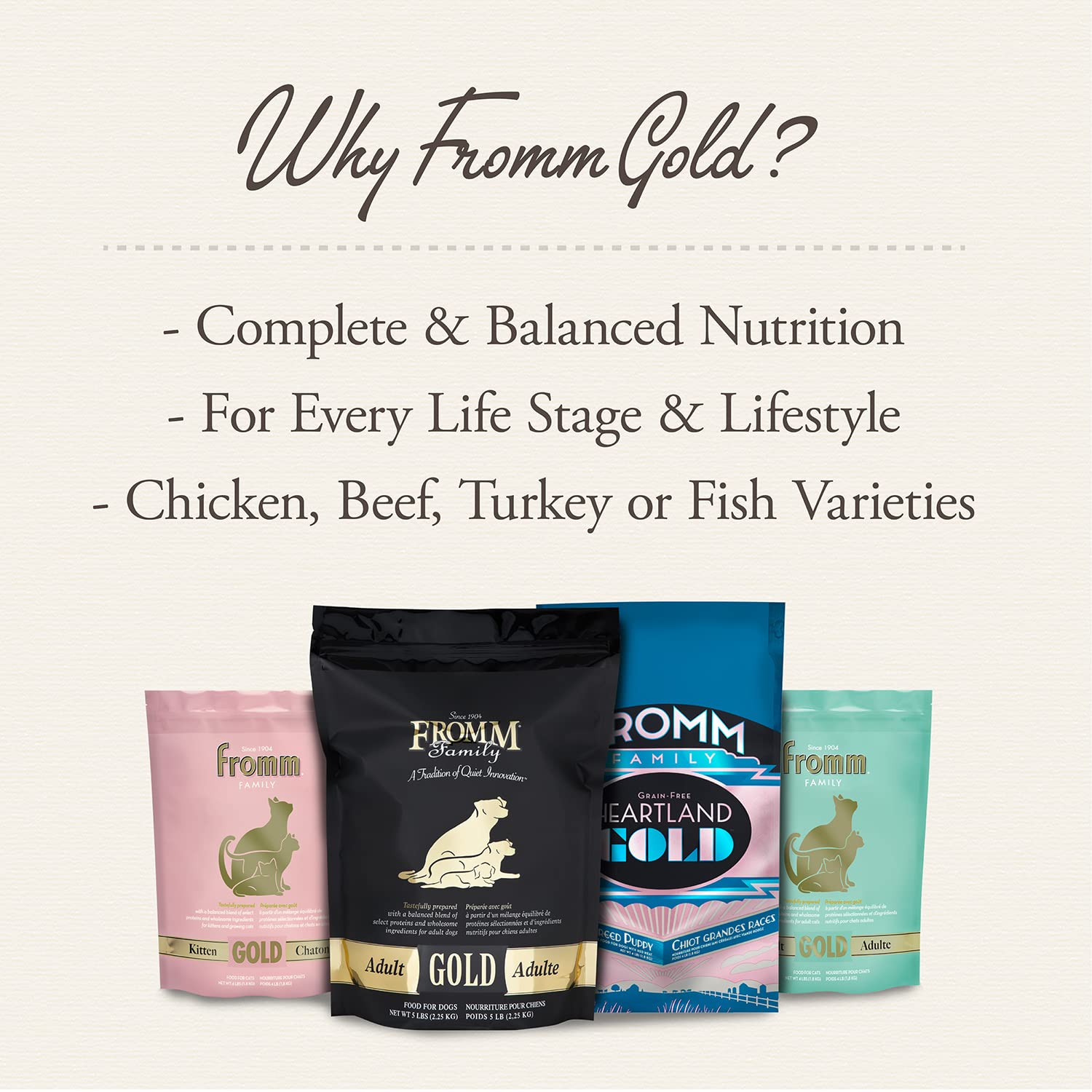 Fromm Puppy Gold 5lb bag packaging shot demonstrates convenient feeding for puppies and small breeds.