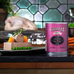 Fromm Salmon and Chicken Pate closeup – minced protein and broth detail.