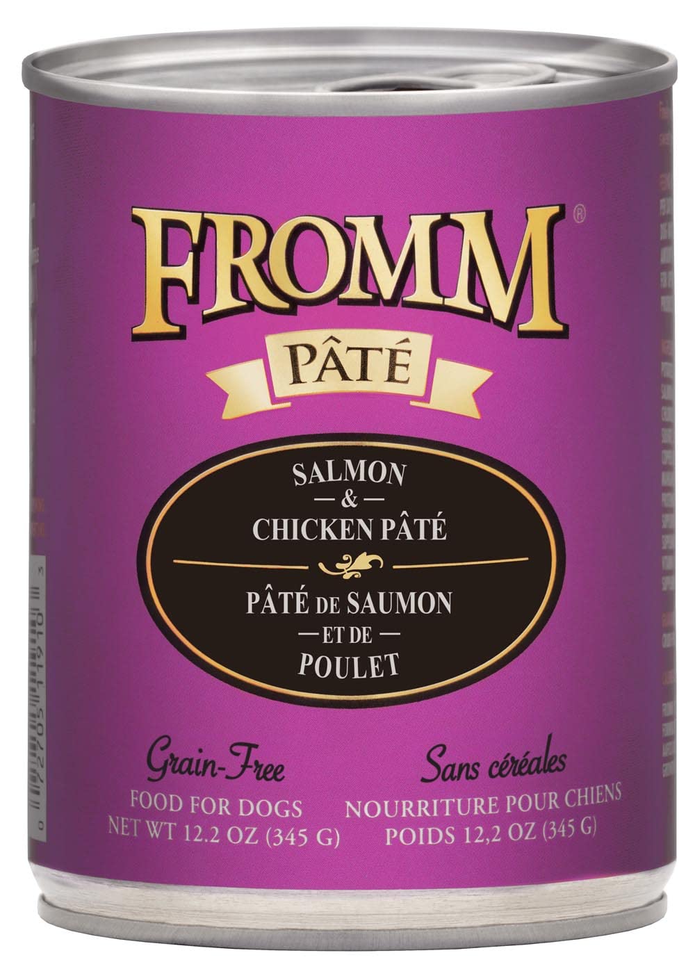Fromm Salmon and Chicken Pate cans – top view showcases creamy texture.