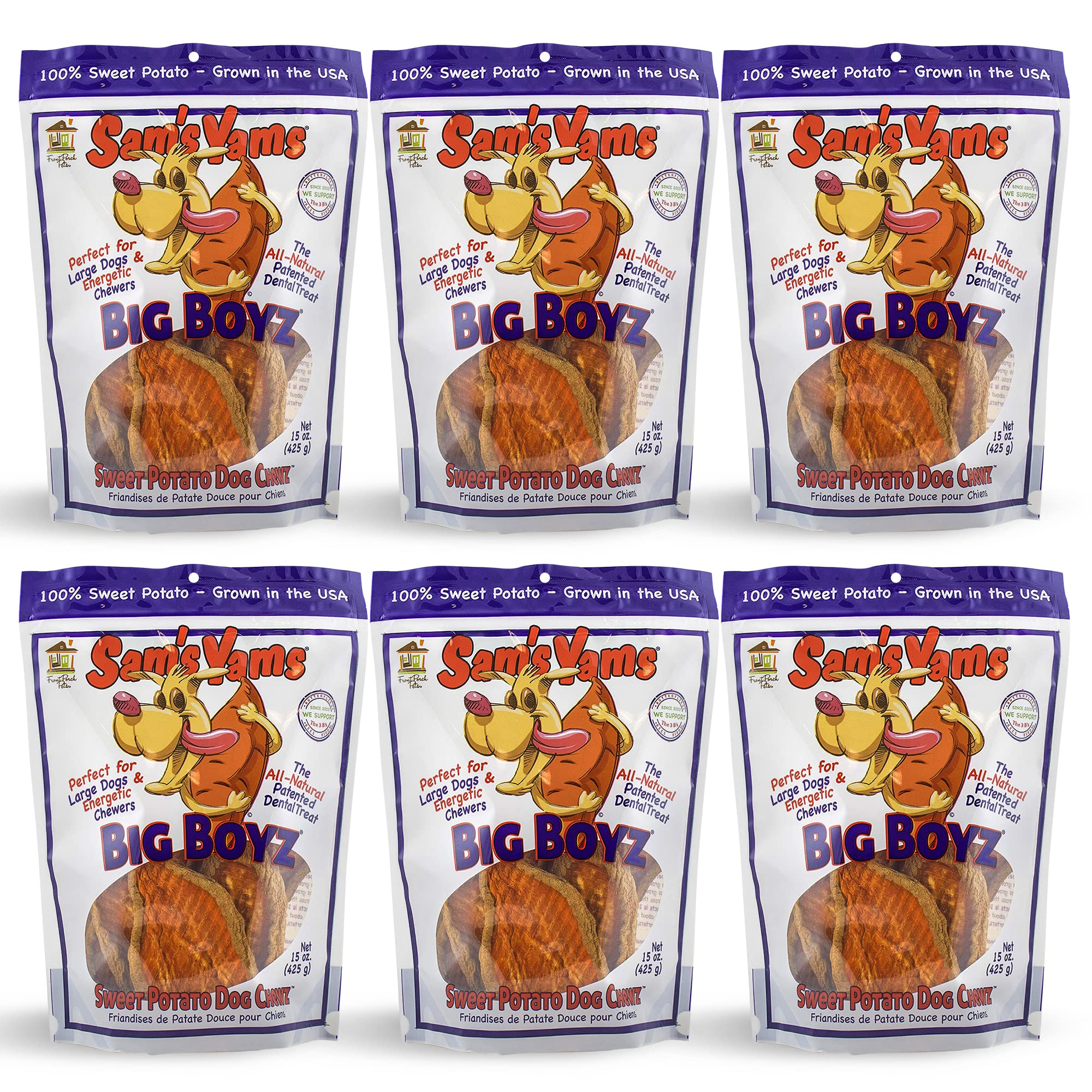 Front Porch Pets Sams Yams Big Boyz bag open reveals natural sweet potato chews for digestion.