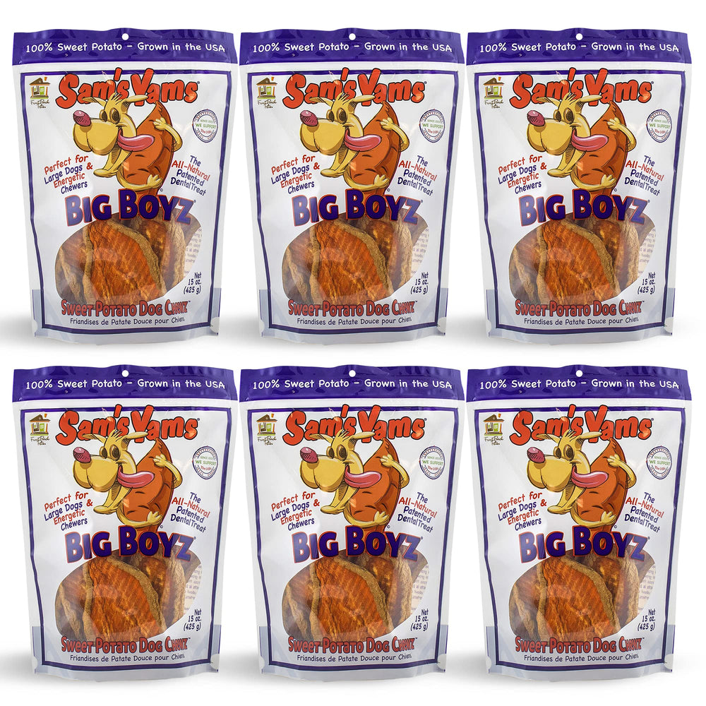 Front Porch Pets Sams Yams Big Boyz bag open reveals natural sweet potato chews for digestion.