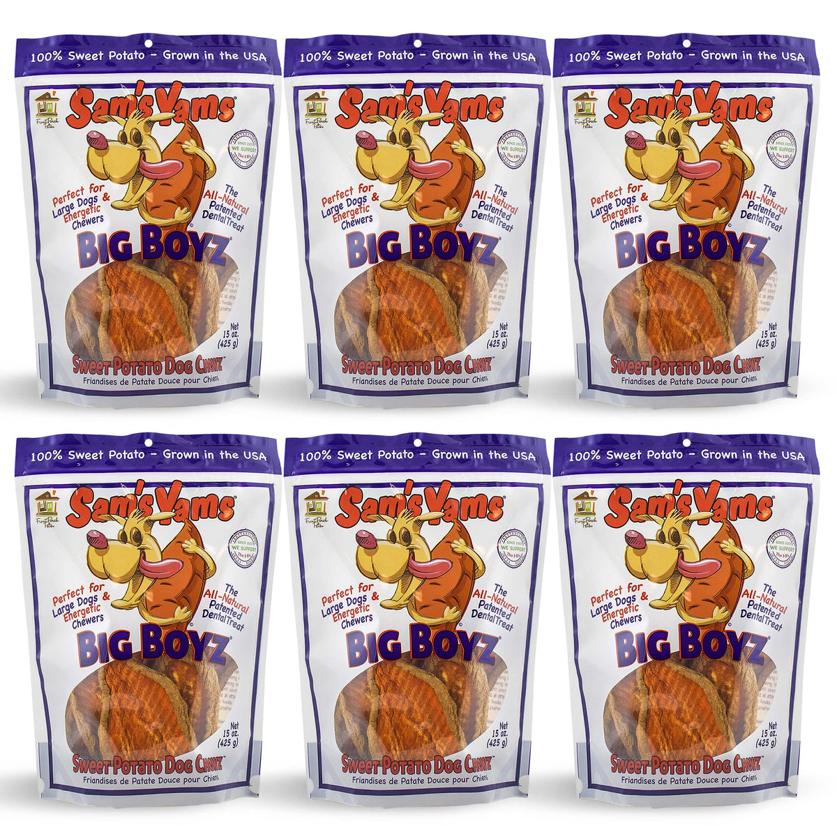 Front Porch Pets Sams Yams Big Boyz bag open reveals natural sweet potato chews for digestion.