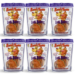Front Porch Pets Sams Yams Big Boyz bag open reveals natural sweet potato chews for digestion.