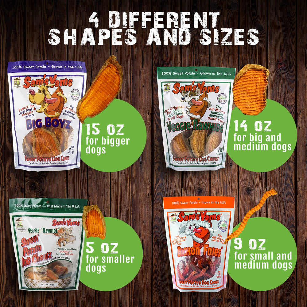 Front Porch Pets Sams Yams Big Boyz chews in a resealable bag maintain freshness.