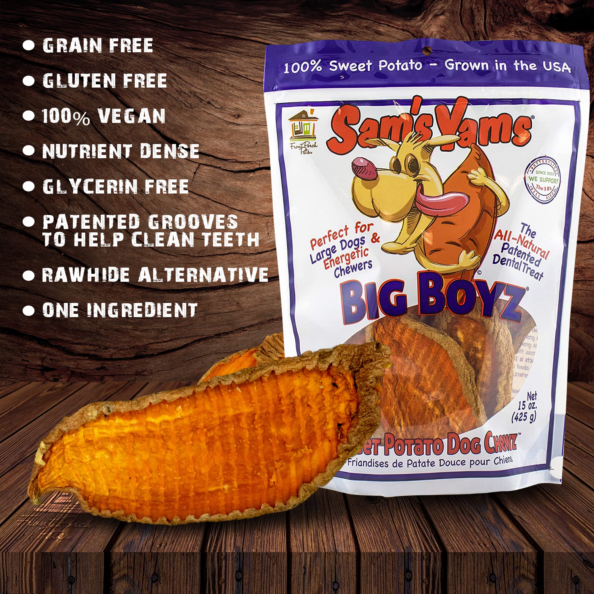 Sams Yams Big Boyz texture close-up with yam pieces and natural fiber surface.