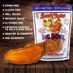 Sams Yams Big Boyz texture close-up with yam pieces and natural fiber surface.