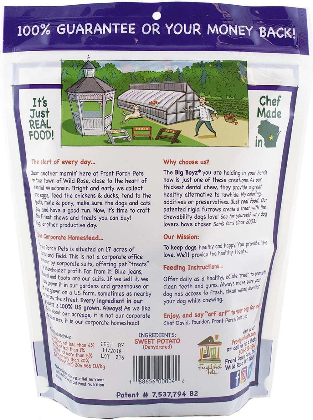 Front Porch Pets Sams Yams Big Boyz treats in a bowl, high-fiber chews for healthy digestion.