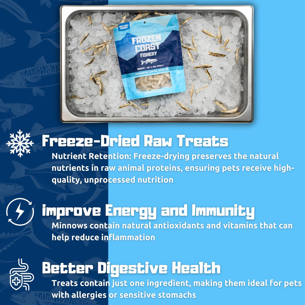 Frozen Coast Fishery minnow treats 2-5-oz bag front showcases convenient serving
