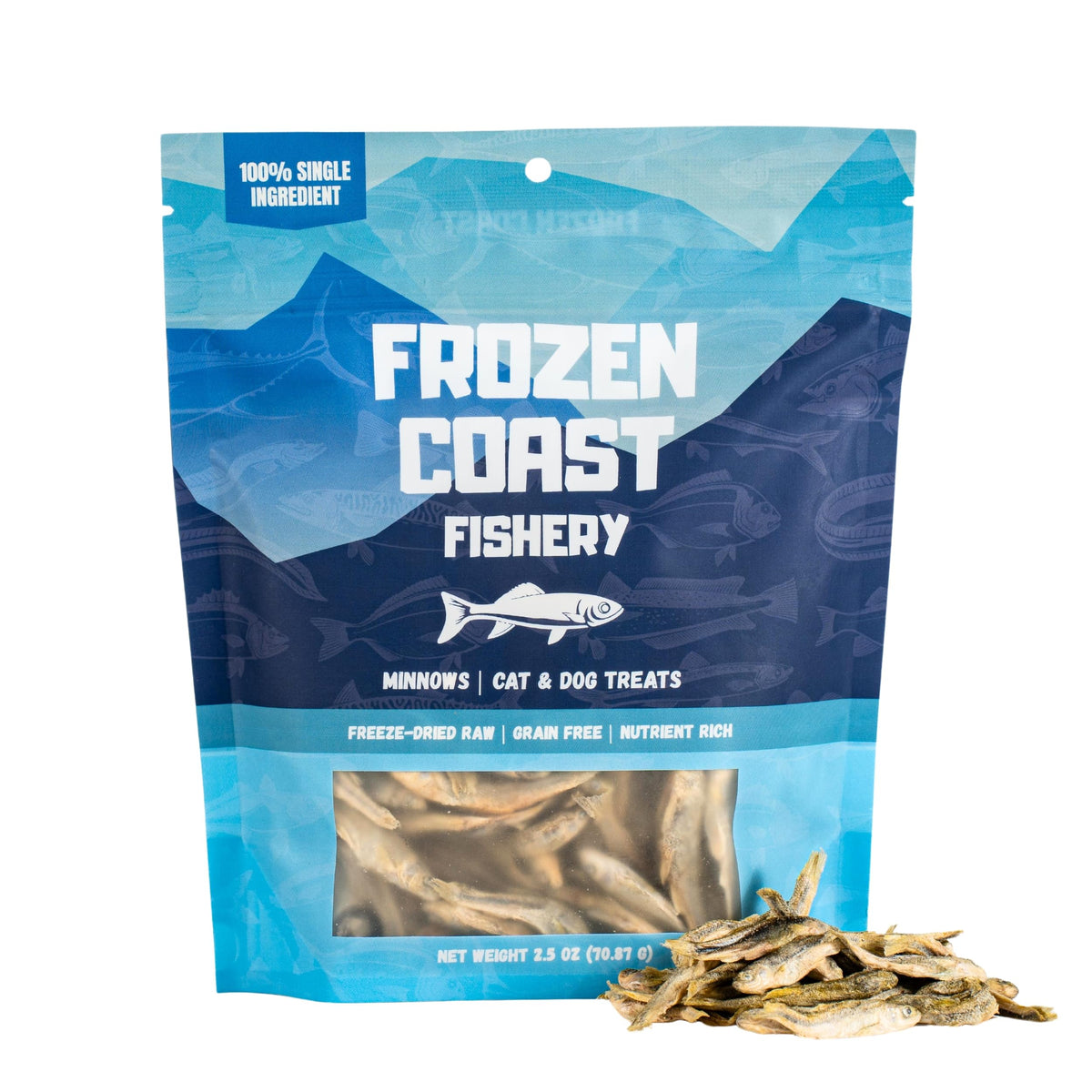 Frozen Coast Fishery minnow treats bag close-up showing crunchy texture and high-protein nutrition