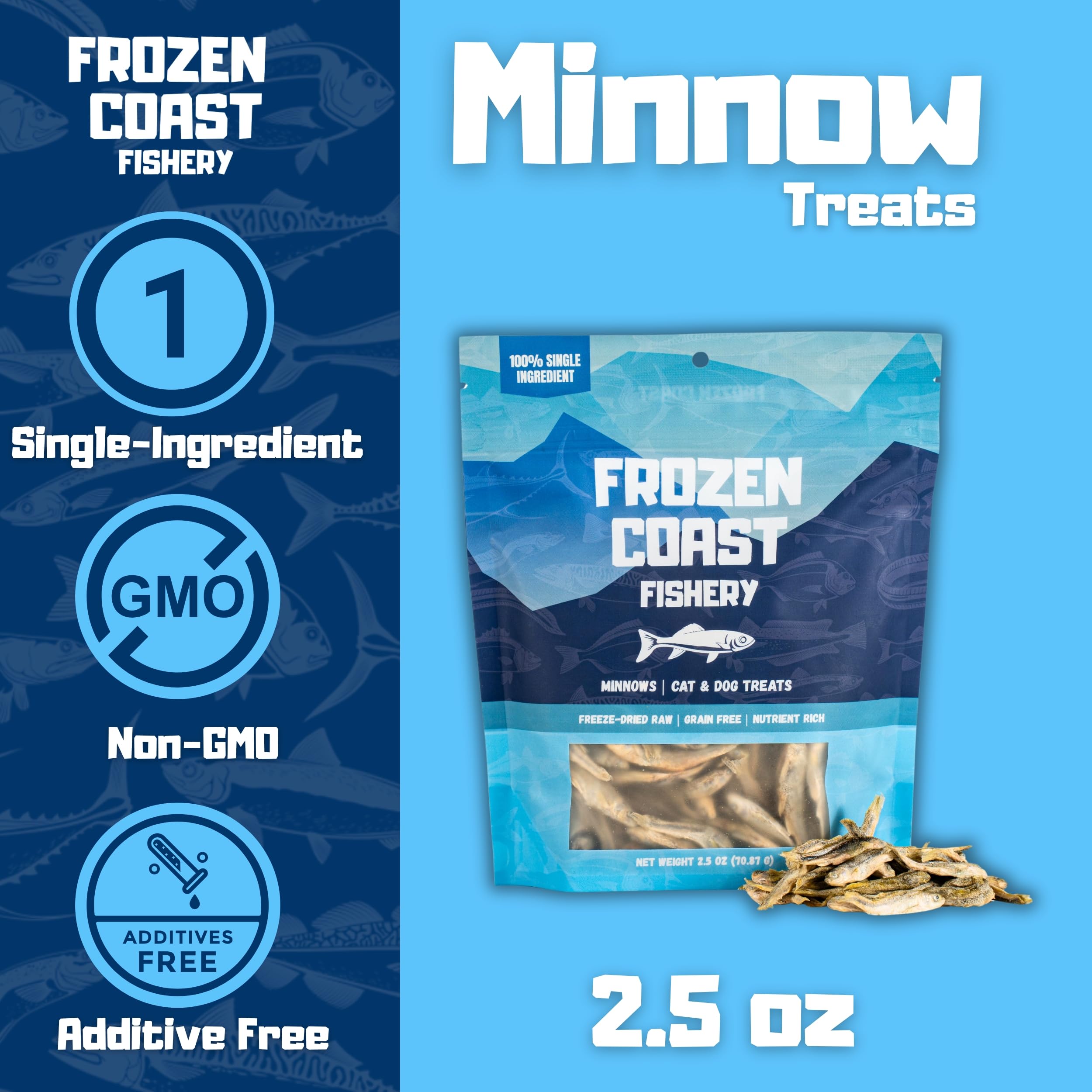 Frozen Coast Fishery minnow treats close-up reveals crunchy texture that supports chewing
