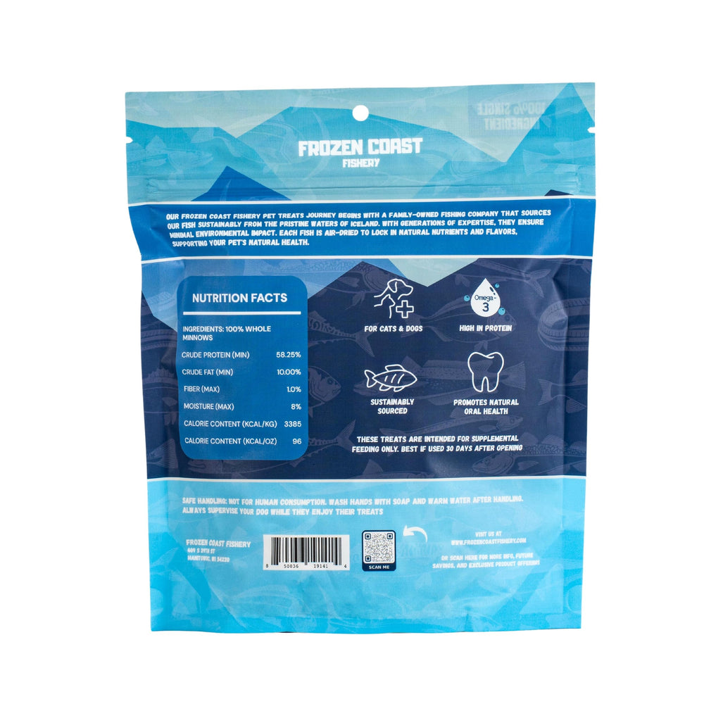 Frozen Coast Fishery minnows treats bag on a shelf highlights grain-free, high-protein nutrition for pets
