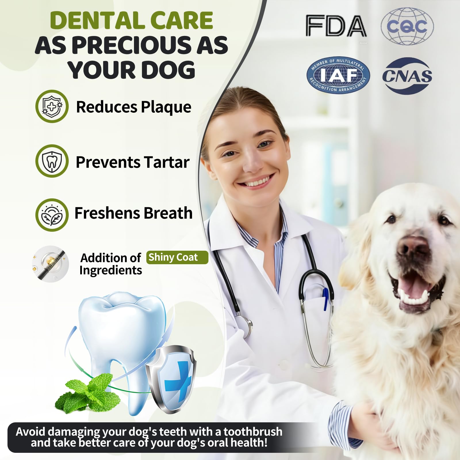Fruaros dog breath freshening powder with mint and algae enhances mouth freshness after meals.