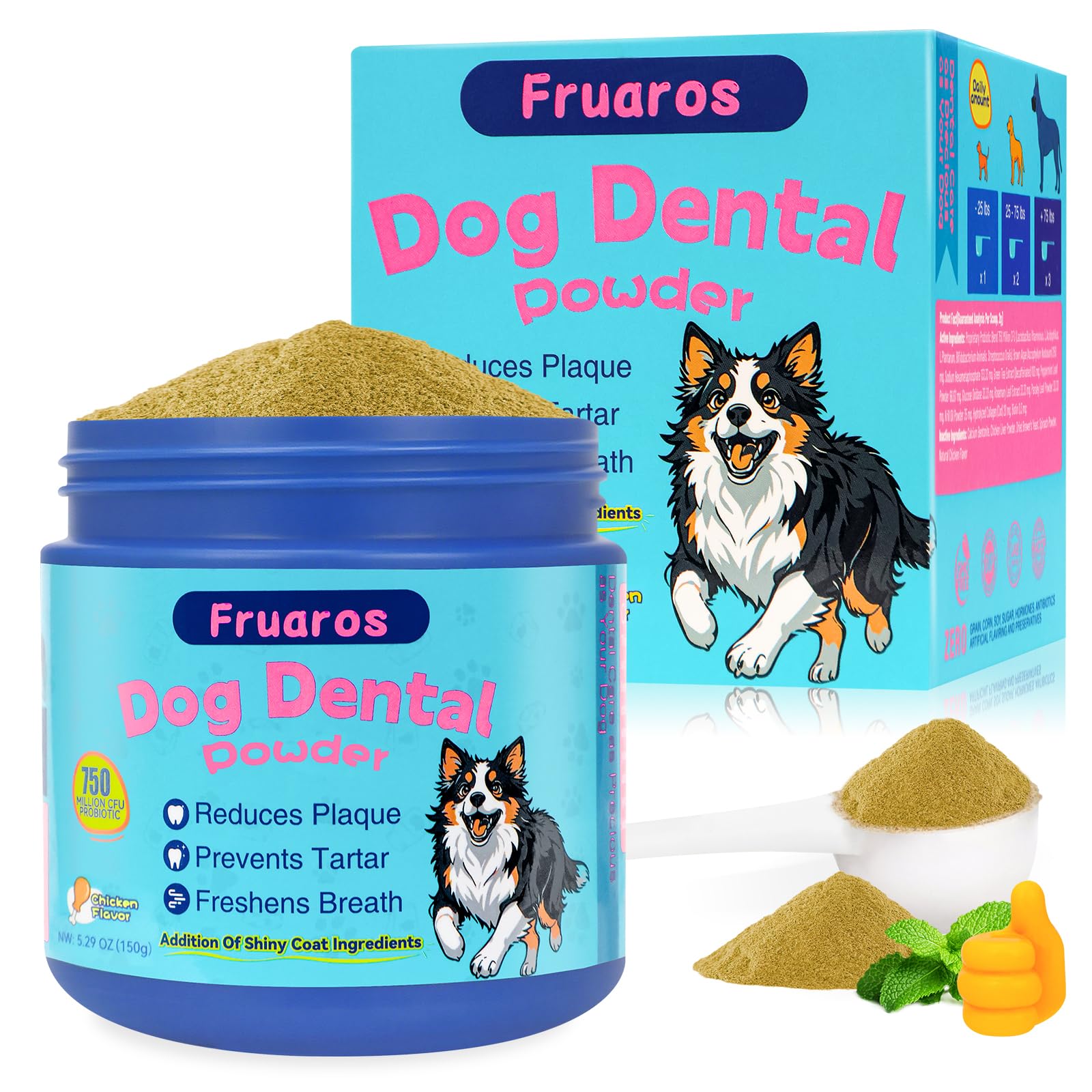 Fruaros dog dental powder packaging closeup highlighting GMP safety and quality