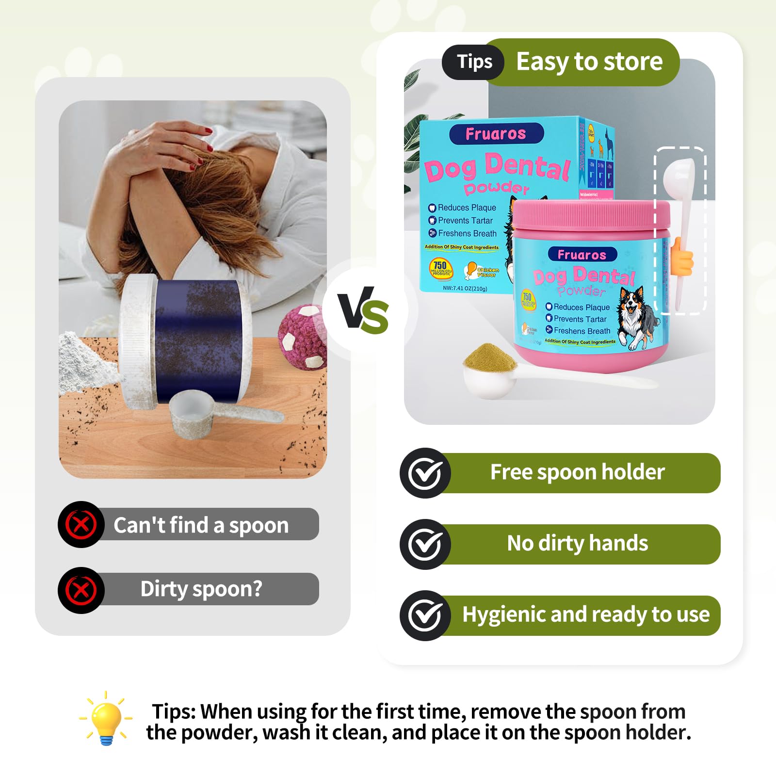 Fruaros scooping spoon attached for mess-free, consistent daily dosing.