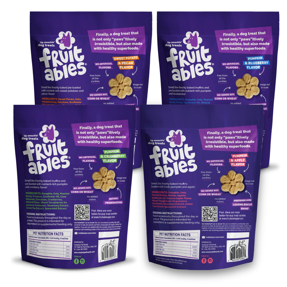 Fruitables Baked Crunchy Pumpkin Dog Treats Blueberry flavor—antioxidant-rich snack.