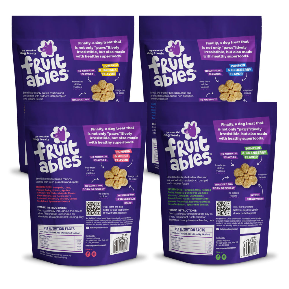 Fruitables Baked Dog Treats Pumpkin Blueberry Pouch features oven-baked crunch ideal for training rewards.