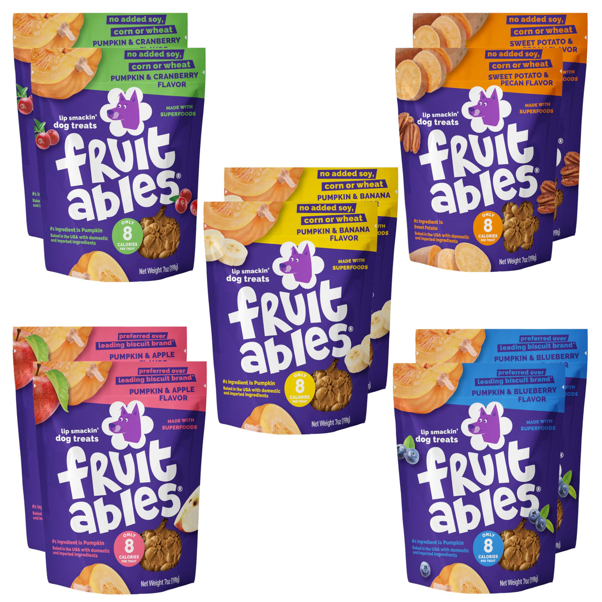 Fruitables Baked Pumpkin Dog Treats pack with ten pouches for easy training rewards.