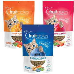 Fruitables Cat Treats crunch bag close-up shows savory, crunchy, protein-packed snack.