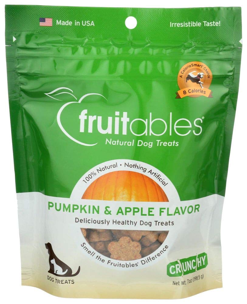 Fruitables Crunchy Dog Treats Pumpkin and Apple, pumpkin-apple treats, tasty low-calorie reward for training.