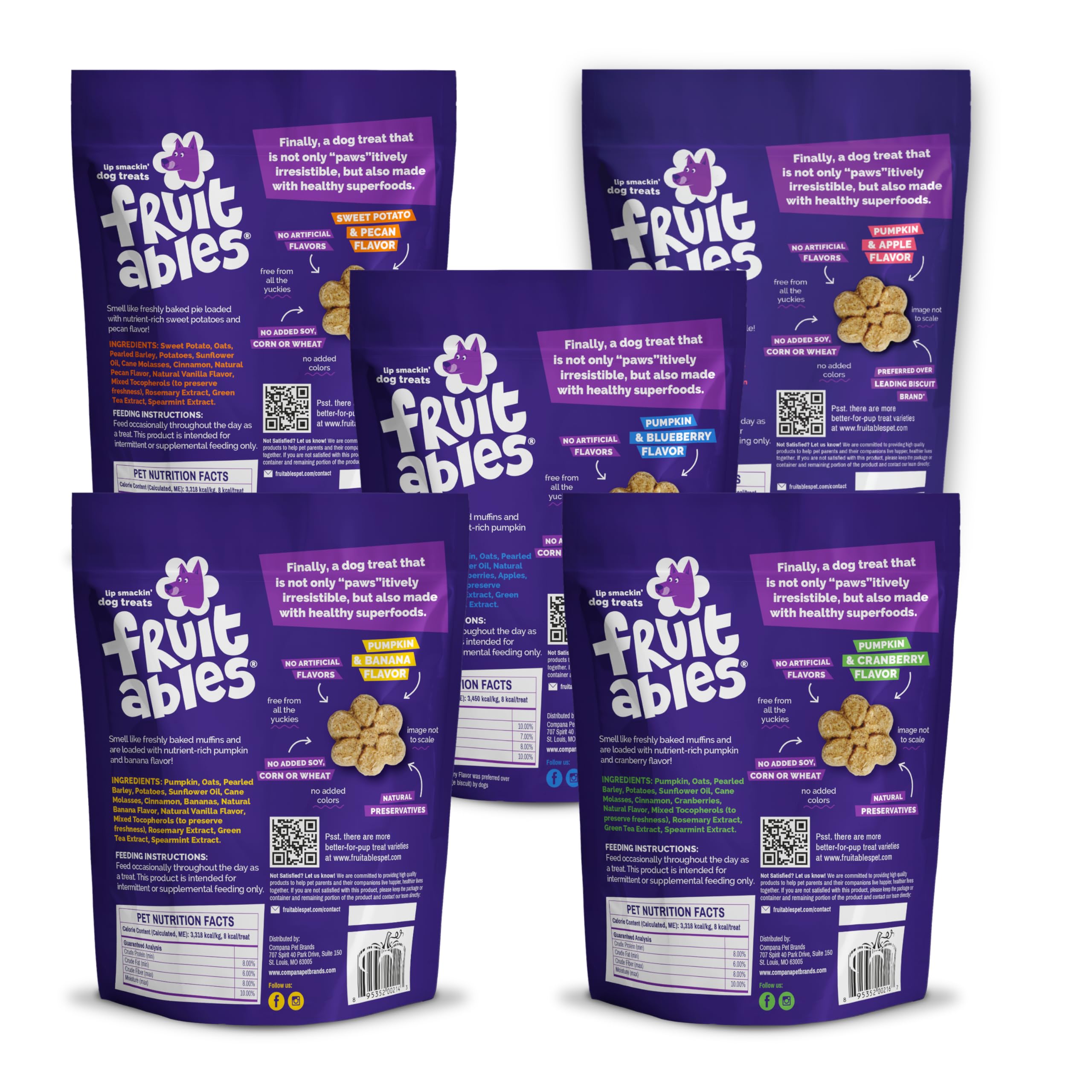 Fruitables Pumpkin Apple dog treats close-up showing pumpkin and apple flavors for training.